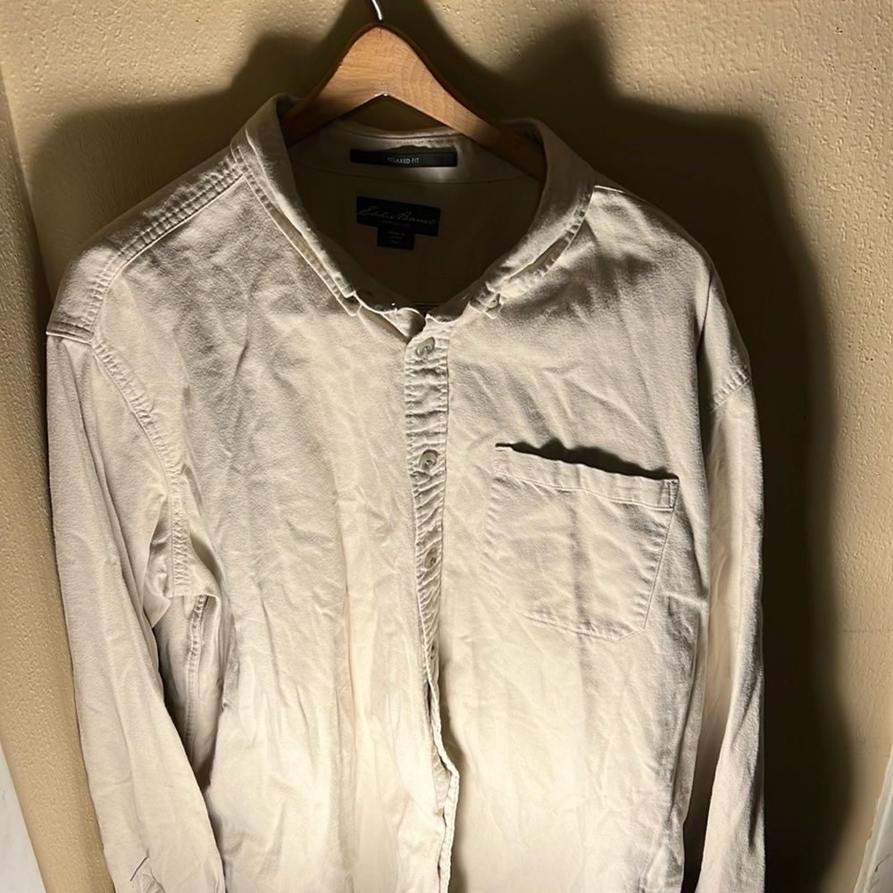 Eddie Bauer Mens LS Solid Heavy Cotton Button Down Shirt Color Tan Size XXLT